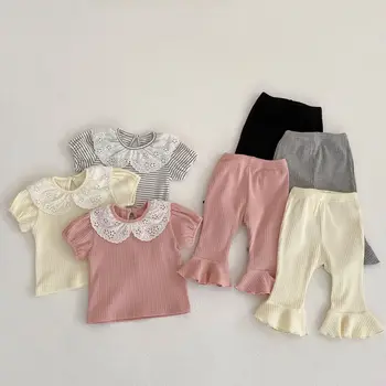 2023 Летний комплект для девочек Модная футболка поло с коротким рукавом + повседневные расклешенные брюки Детский костюм из двух частей