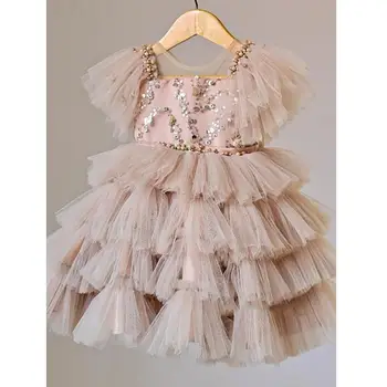 2023 Новый Детский Бутик Принцесса Вечернее Платье Бант Пайетки Сетчатый Дизайн Свадьба День Рождения Крещение Ид Вечеринка Платья для девочек A3210