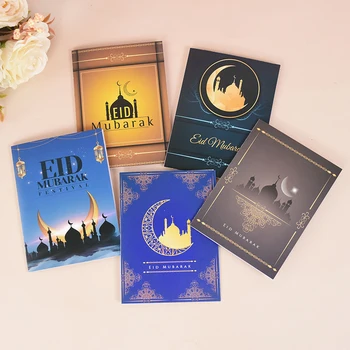 5 шт. EID Mubarak Поздравительные открытки Черное золото Луна Звезда Подарочная карта для дома Исламская мусульманская партия Подарки Ид аль-Фитр