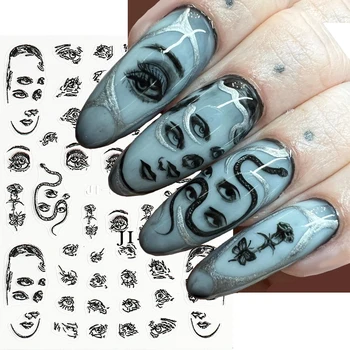 5D Абстрактные наклейки для дизайна ногтей для лица Эмбуссированные Злые глаза Череп Инопланетянин Самоадклеящиеся наклейки Хэллоуин Манукюры Обертывания NLJI-5D60