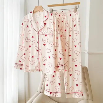 Print Love Silk Satin Пижамы Женские брюки с длинным рукавом Пижамный комплект Пижама Pour Femme Весна Осень Свободная домашняя одежда Домашняя одежда