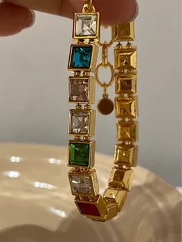 Большой цветной квадратный браслет-цепочка с драгоценными камнями для женщин, винтажный браслет ручной работы, новые ювелирные изделия на осень 2023 года, ювелирные изделия