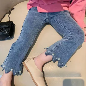 Брюки для девочек Эластичная талия Мода Маленькие джинсы с вырезом ботинок 2023 Весна Осень Новый Жемчуг Цветок Всематчевая Мода Детская одежда