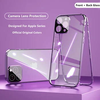 Двухсторонний стеклянный пряжка Магнитный прозрачный чехол для iPhone 14 Plus 13 12 11 Pro Max Объектив камеры Металлический 360 ° Полная защита крышки