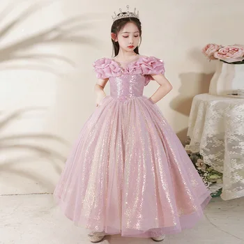 Детские платья для вечеринки Свадьба синий розовый пайетки бисер Дети Конкурс красоты Платье Девочки Принцесса длинное платье