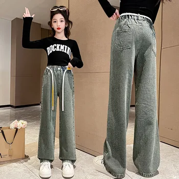Джинсовые брюки для девочек для нового поступления детей корейские хлопковые синие джинсовые брюки весна осень широкие штанины чистого цвета с поясом 2023