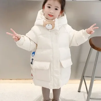  Зима Малыши Девочки Милые Снегонепробиваемые парки Теплое пальто средней длины Детская корейская версия Утолщенная детская одежда 2-9 лет