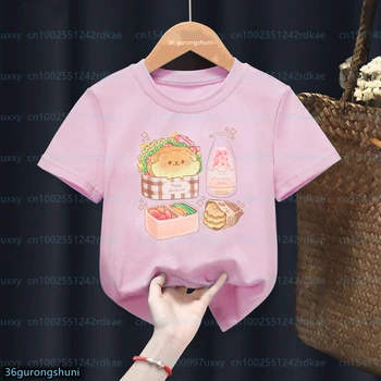 Кавайная футболка для девочек Милый медведь Суфле Яблоко Слива Capilco Сок Мультфильм Принт Детская футболка Мода для девочек Розовая рубашка с о-образным вырезом
