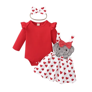 Наряды для девочек на День святого Валентина Комбинезон с длинным рукавом + юбка слона + повязка на голову Одежда для новорожденных