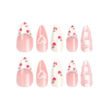 Нежно-розовые накладные ногти с декором сердца Натуральный небьющийся гвоздь Простая одежда для сценических выступлений