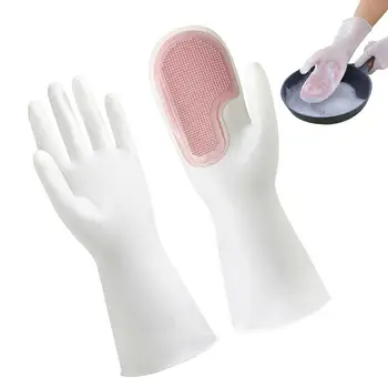  Перчатки для мытья посуды Водонепроницаемая губка для мытья посуды Инструменты для чистки скруббера Длинные манжеты Нескользящие многоразовые перчатки для уборки Губка
