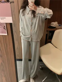 Пижамные комплекты Женщины Корейский стиль Зима с длинным рукавом Теплая толстая одежда для сна Простой отложной воротник Дизайн Досуг Комфорт Lounge Ins
