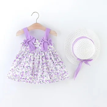 Платье для девочки летняя детская одежда милая клубничный принт бант ремень Юбка А-силуэта комплиментарная шляпа