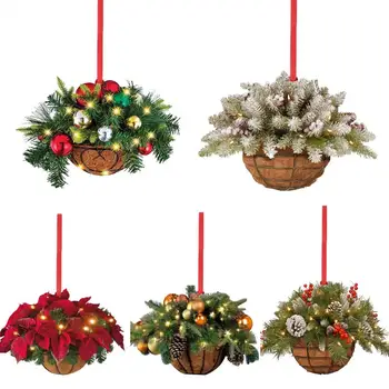 Прочное рождественское украшение Многоразовые елочные украшения 5 деревянных подвесных корзин с цветными шарами из искусственной зелени