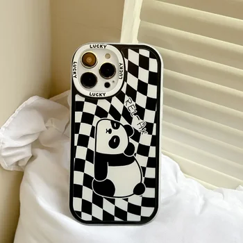 Ретро ленивая панда черная белая шахматная доска Чехол для телефона Для iPhone 14 13 11 12 Pro Max 14 Plus Xr Xs Xs Max X 7 8 Plus чехол Cute Cover