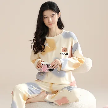  с принтом 2 шт. Женская хлопковая пижама Kawaii Одежда Весенний пуловер Длинный рукав O-образный вырез Топ Брюки Домашняя одежда Пижама для женщин