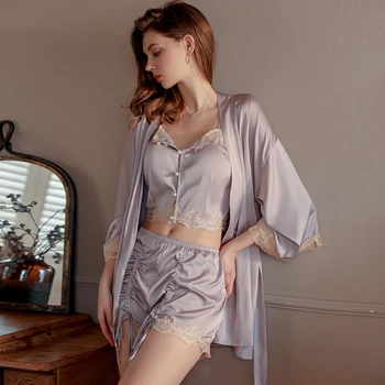 сексуальные пижамы с кружевной вышивкой плиссированные топы для сна шорты однотонный кардиган женская домашняя одежда халаты шелковый халат