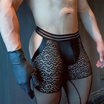 сексуальный прозрачный сетчатый леопард открытые ягодицы длина до колена боксер выпуклые сумки трусы нижнее белье насос боксеры шорты и трусы мужчины
