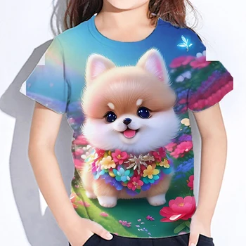 Симпатичные пушистые футболки для девочек с 3d принтом Животные Детские топы Осень корейская детская одежда Детская футболка 2023 Новая мода 23 стиль
