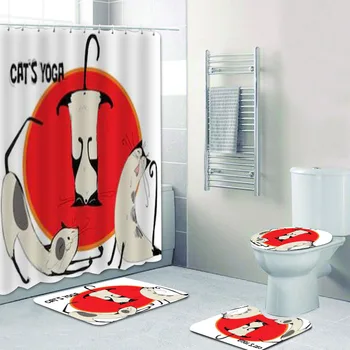 Три забавных кота делают занавеску для душа и коврик для ванны Мультяшный Йога Кот Котенок Занавески для ванной комнаты Животные Туалетные аксессуары
