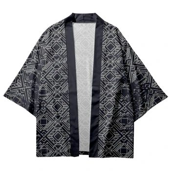 Японский Харадзюку Кардиган Мода Новый Дизайн Женщины Мужчины Геометрия Принт Хаори Традиционное Кимоно Косплей Юката Азиатская одежда