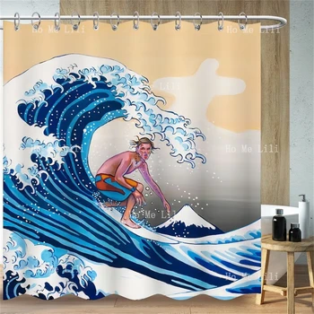 японское искусство Канагава Морской прибой Душ Занавеска для ванной комнаты Минималистичный водонепроницаемый занавес для душа